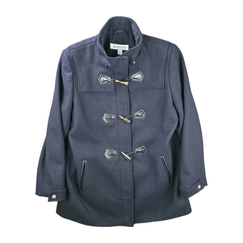 Liz Claiborne Pea Coat Women's Black Wool Blend Zipper/Button Pea Coat Size L